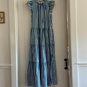 NWT J. Crew Blue White and Green Striped Maxi Dress With Ruffles in Tall Small!